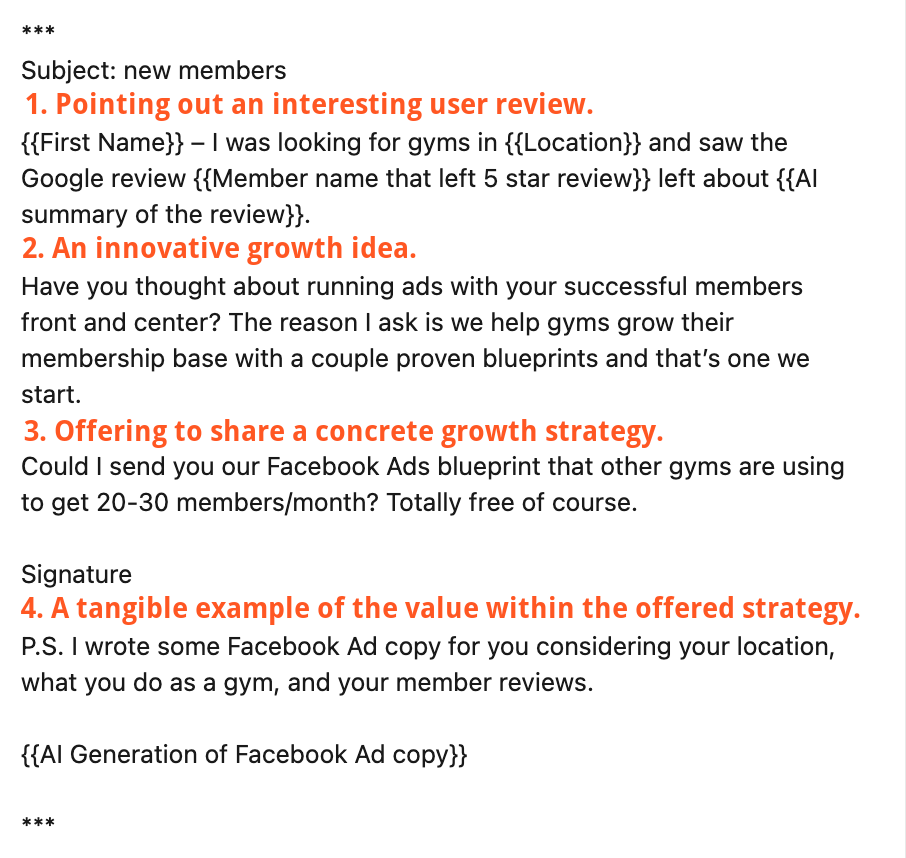 A cold email template that provides value with each paragraph